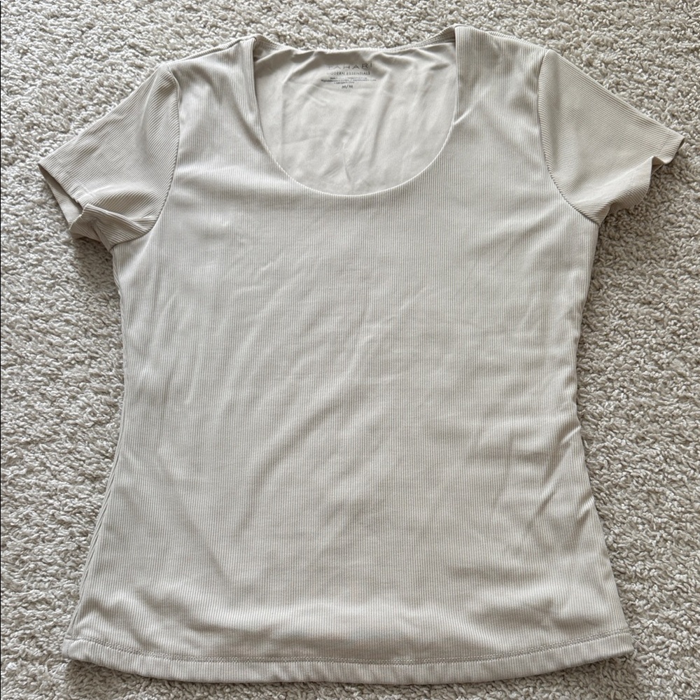 Tahari Cream Scoop Neck Ribbed Short Sleeve Tee